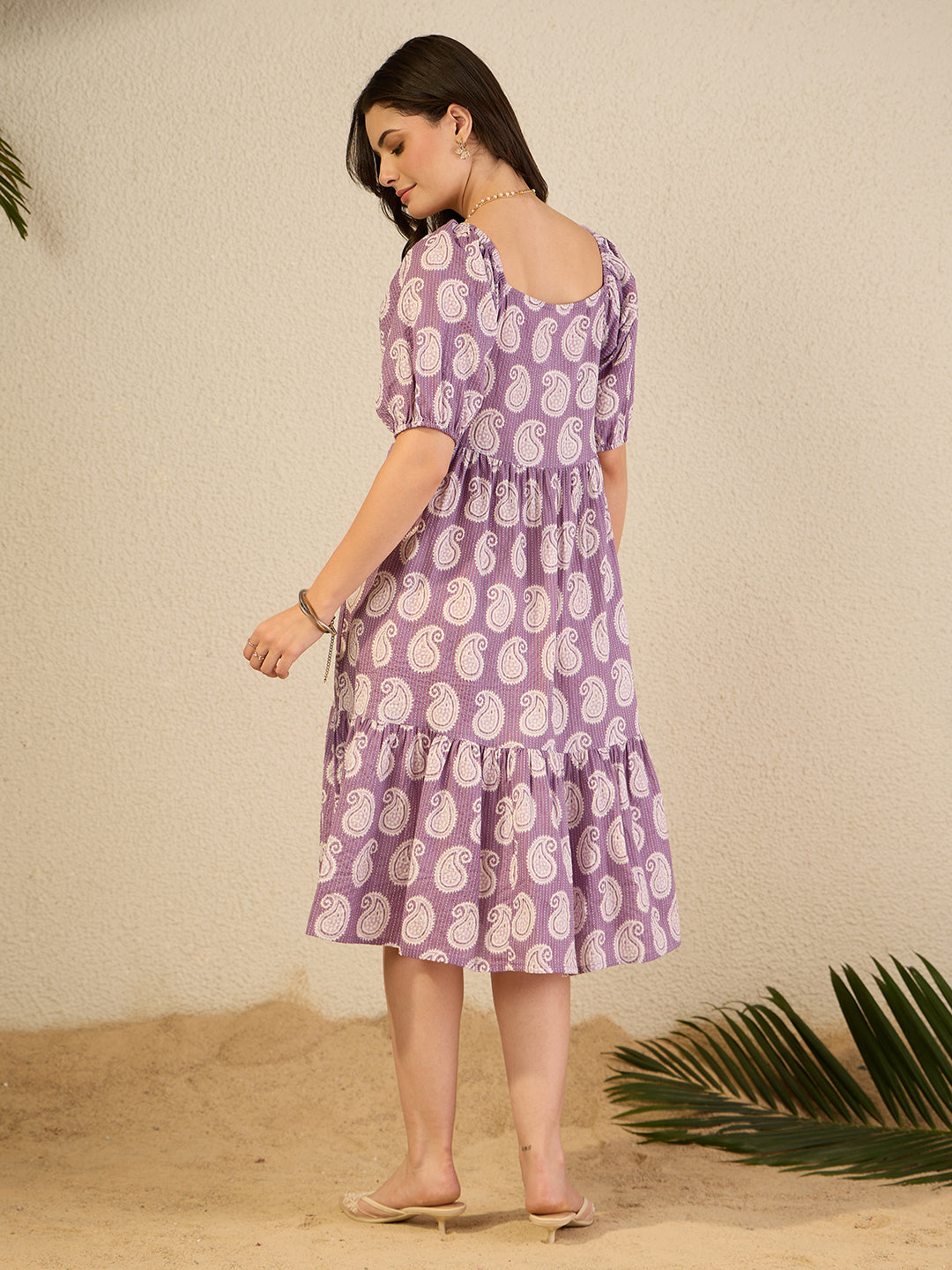 Janasya Women's Purple Pure Cotton Paisley Printed Gathered Dress