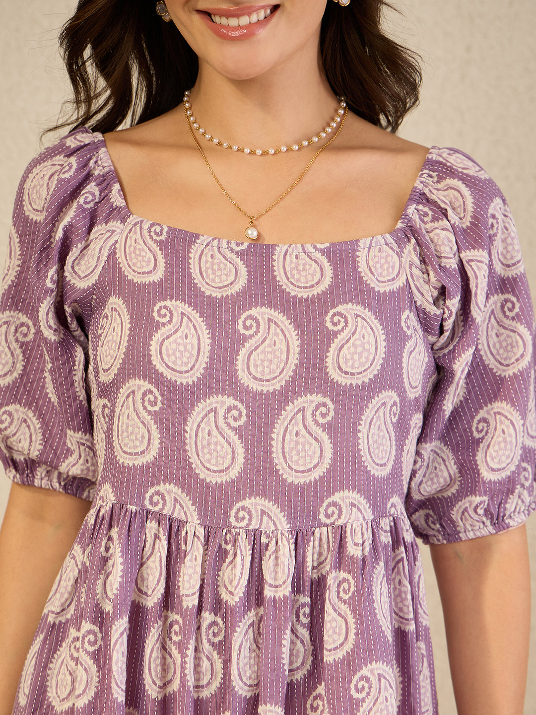 Janasya Women's Purple Pure Cotton Paisley Printed Gathered Dress