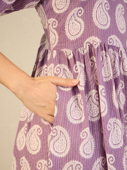 Janasya Women's Purple Pure Cotton Paisley Printed Gathered Dress