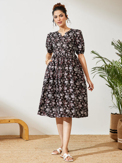 Janasya Women's Black Pure Cotton Floral Printed Gathered Dress