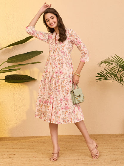 Janasya Women's Baby Pink Pure Cotton Floral Printed Tiered Dress