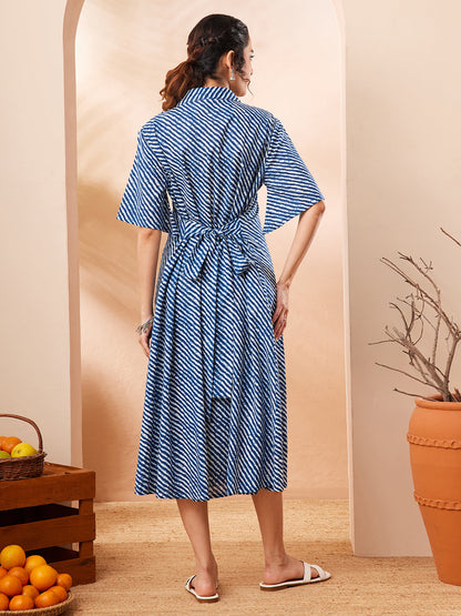 Janasya Women's Blue Pure Cotton Leheriya Printed A-line Dress