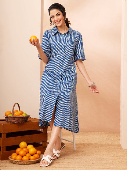 Janasya Women's Blue Pure Cotton Leheriya Printed A-line Dress