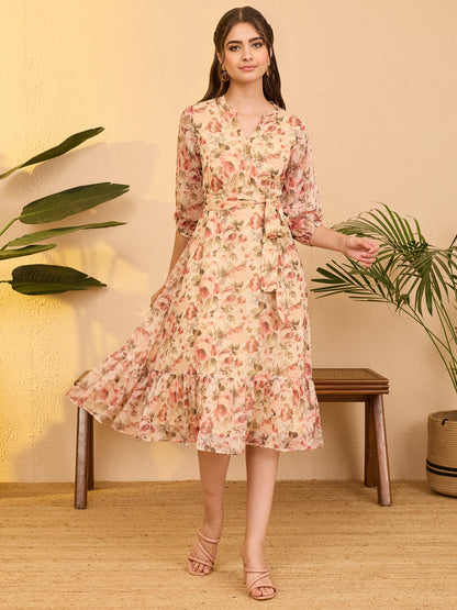 Janasya Women's Beige Chiffon Floral Printed Fit & Flare Dress