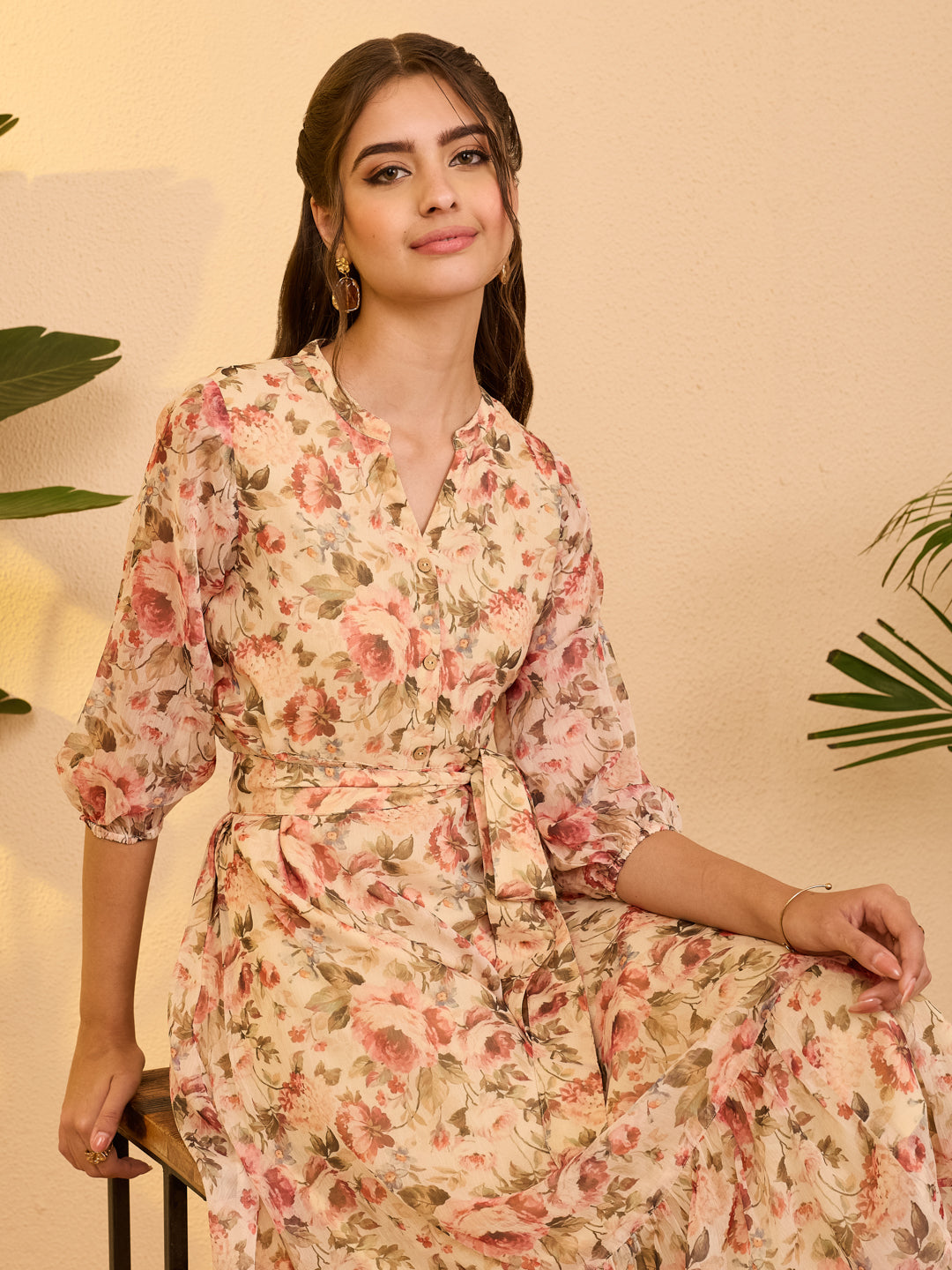 Janasya Women's Beige Chiffon Floral Printed Fit & Flare Dress
