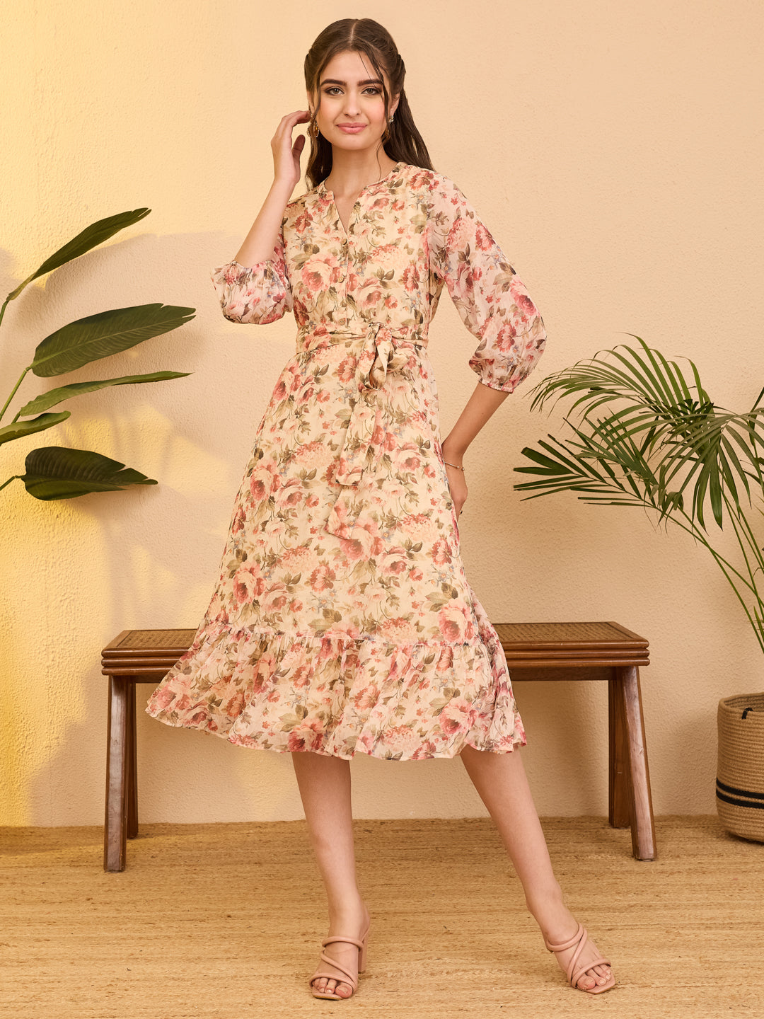 Janasya Women's Beige Chiffon Floral Printed Fit & Flare Dress
