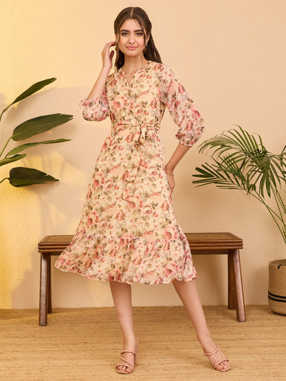 Janasya Women's Beige Chiffon Floral Printed Fit & Flare Dress