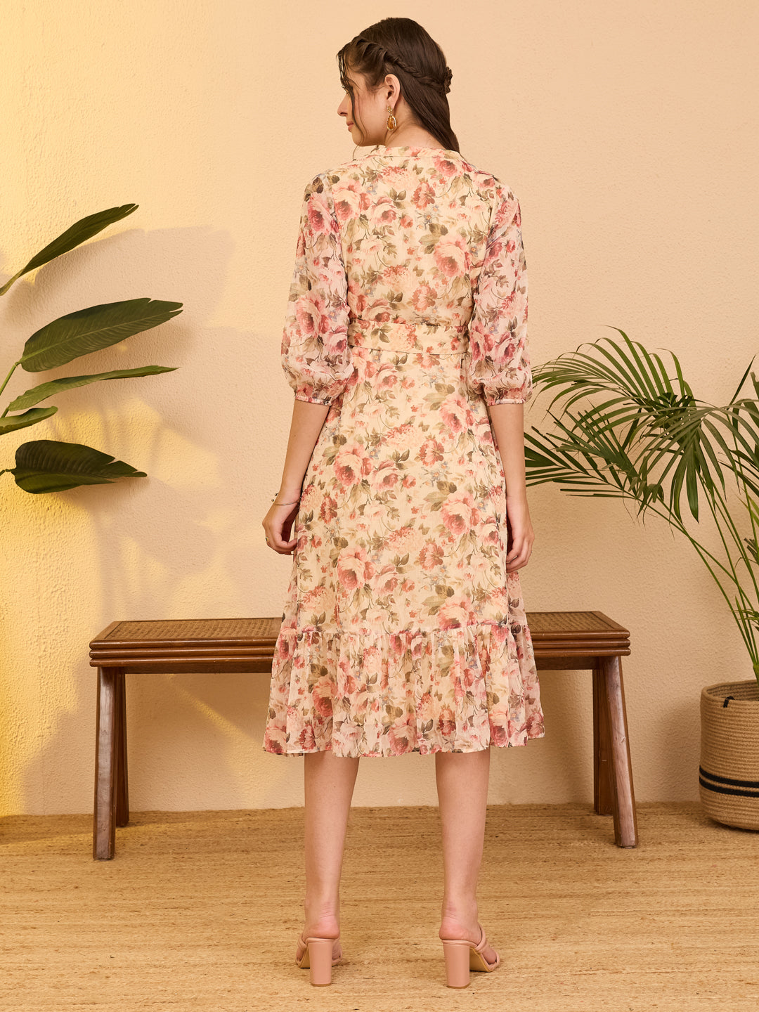 Janasya Women's Beige Chiffon Floral Printed Fit & Flare Dress