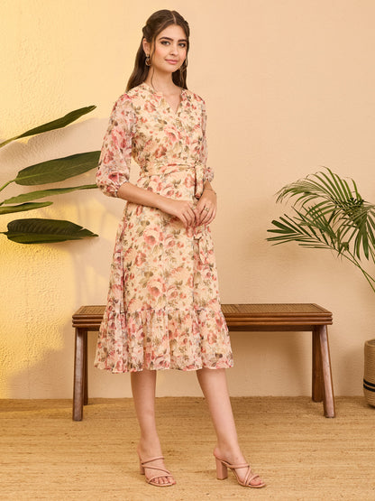 Janasya Women's Beige Chiffon Floral Printed Fit & Flare Dress