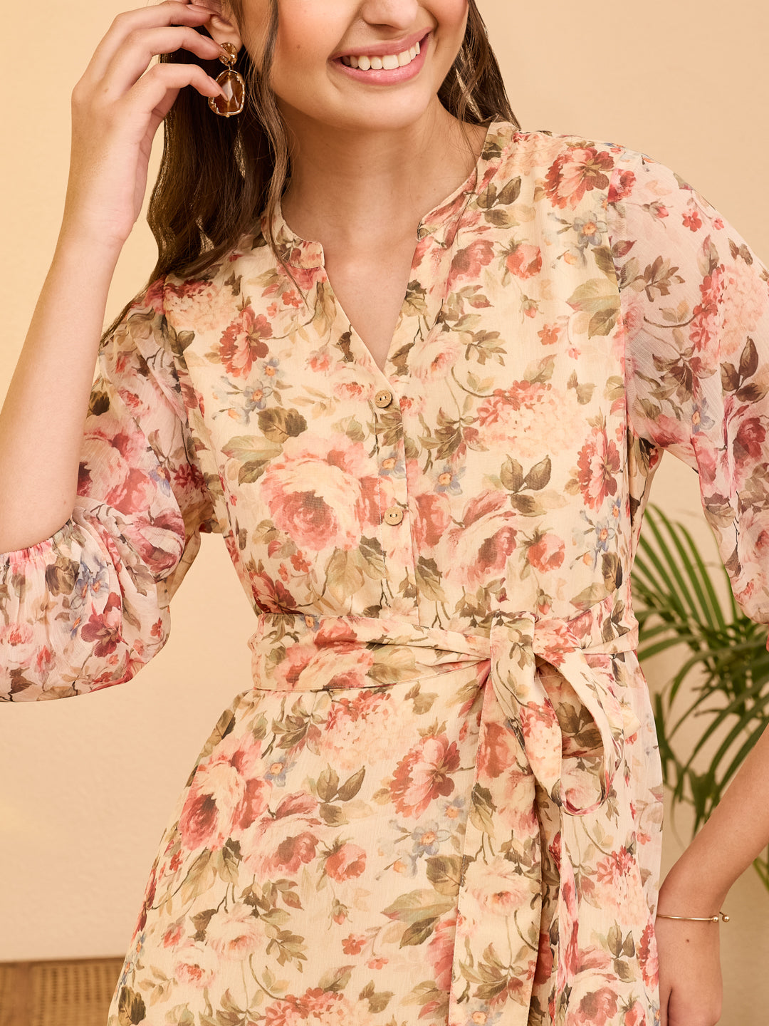 Janasya Women's Beige Chiffon Floral Printed Fit & Flare Dress