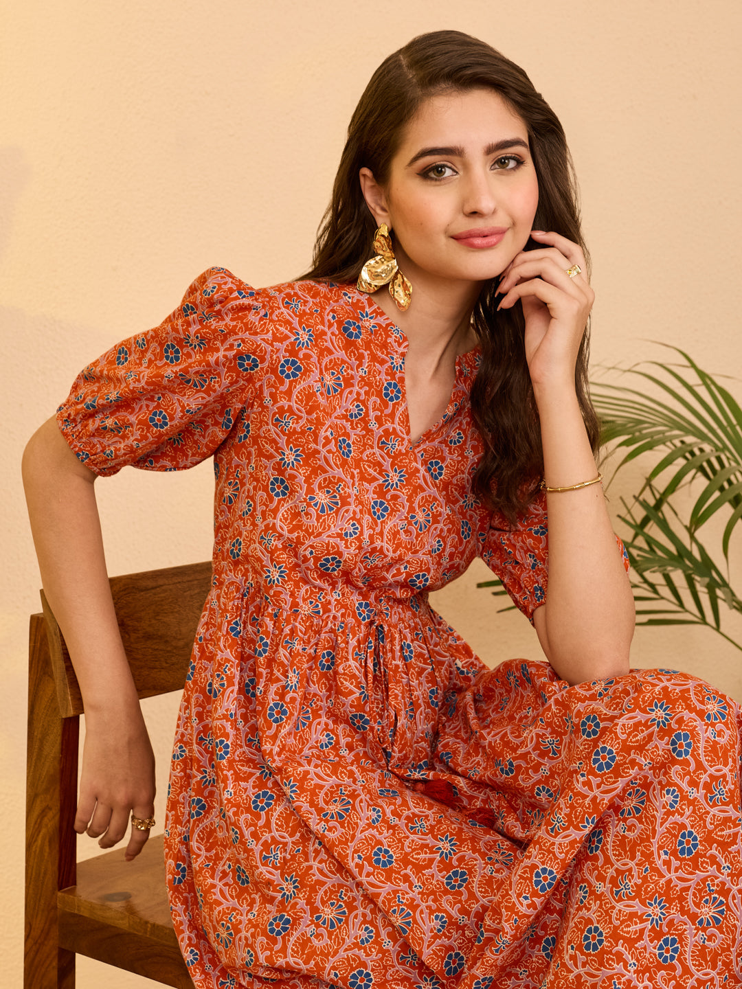 Janasya Women's Orange Pure Cotton Floral Printed Fit & Flare Dress