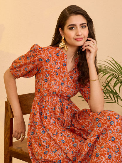 Janasya Women's Orange Pure Cotton Floral Printed Fit & Flare Dress