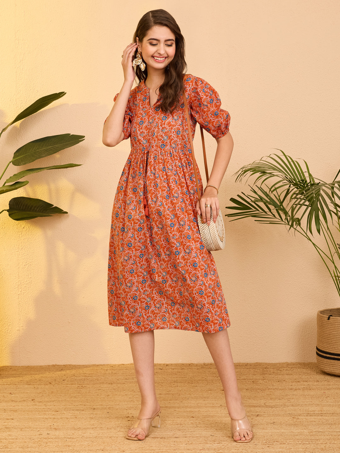 Janasya Women's Orange Pure Cotton Floral Printed Fit & Flare Dress