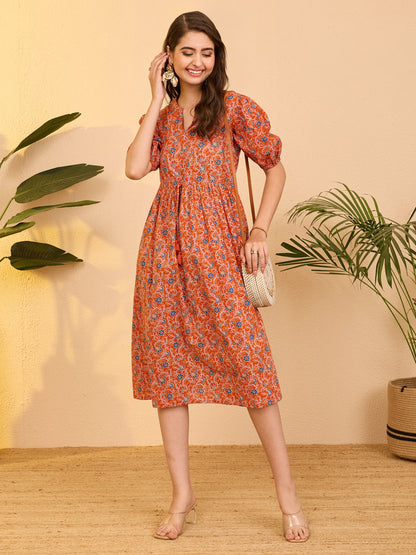 Janasya Women's Orange Pure Cotton Floral Printed Fit & Flare Dress
