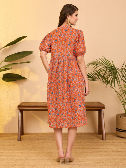Janasya Women's Orange Pure Cotton Floral Printed Fit & Flare Dress
