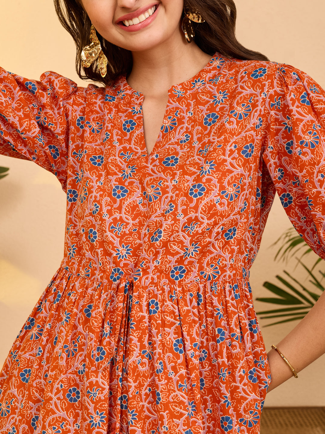 Janasya Women's Orange Pure Cotton Floral Printed Fit & Flare Dress