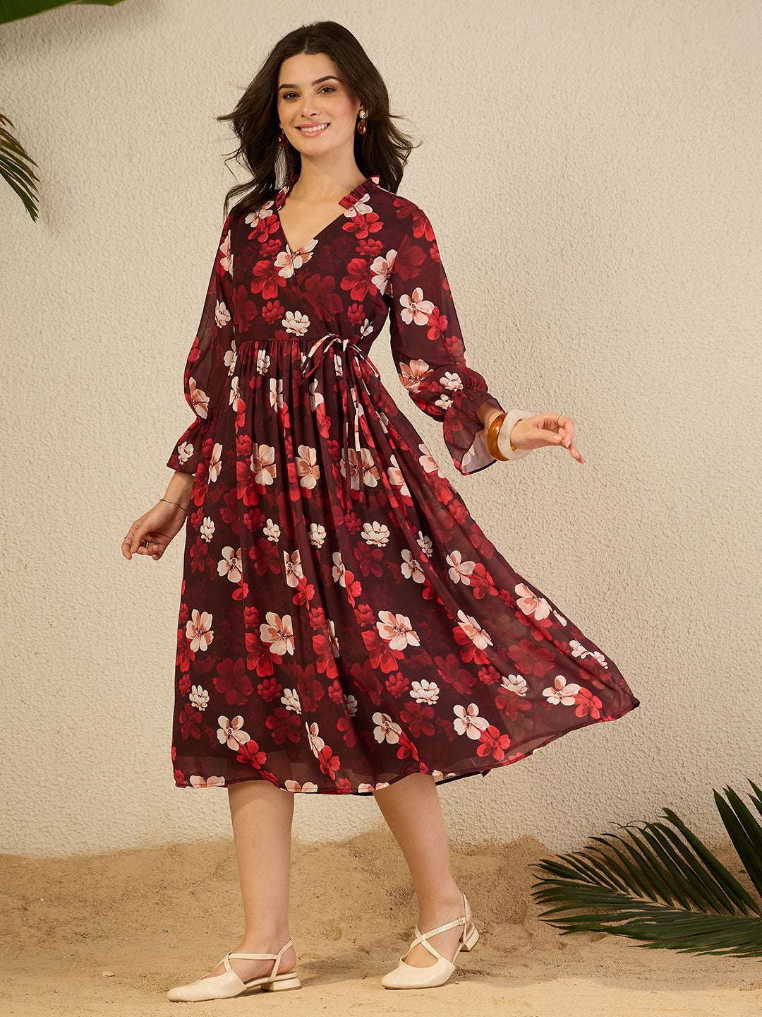 Janasya Women's Brown Georgette Floral Printed Wrap Dress