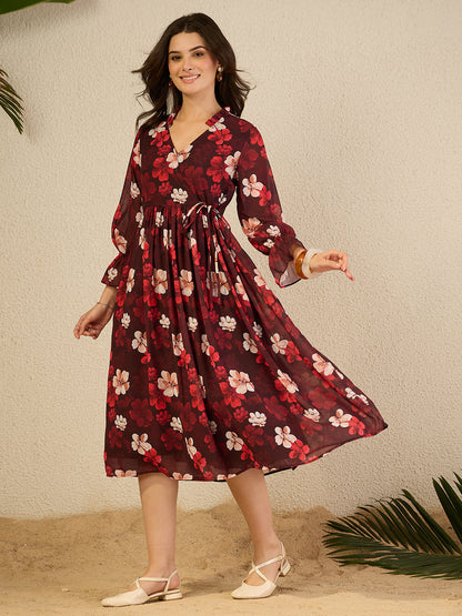 Janasya Women's Brown Georgette Floral Printed Wrap Dress