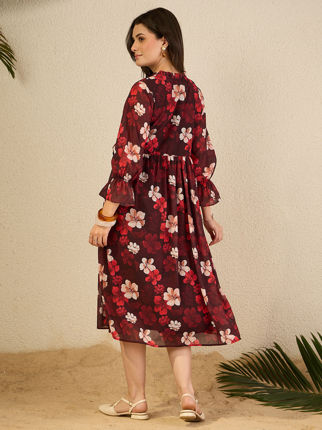 Janasya Women's Brown Georgette Floral Printed Wrap Dress