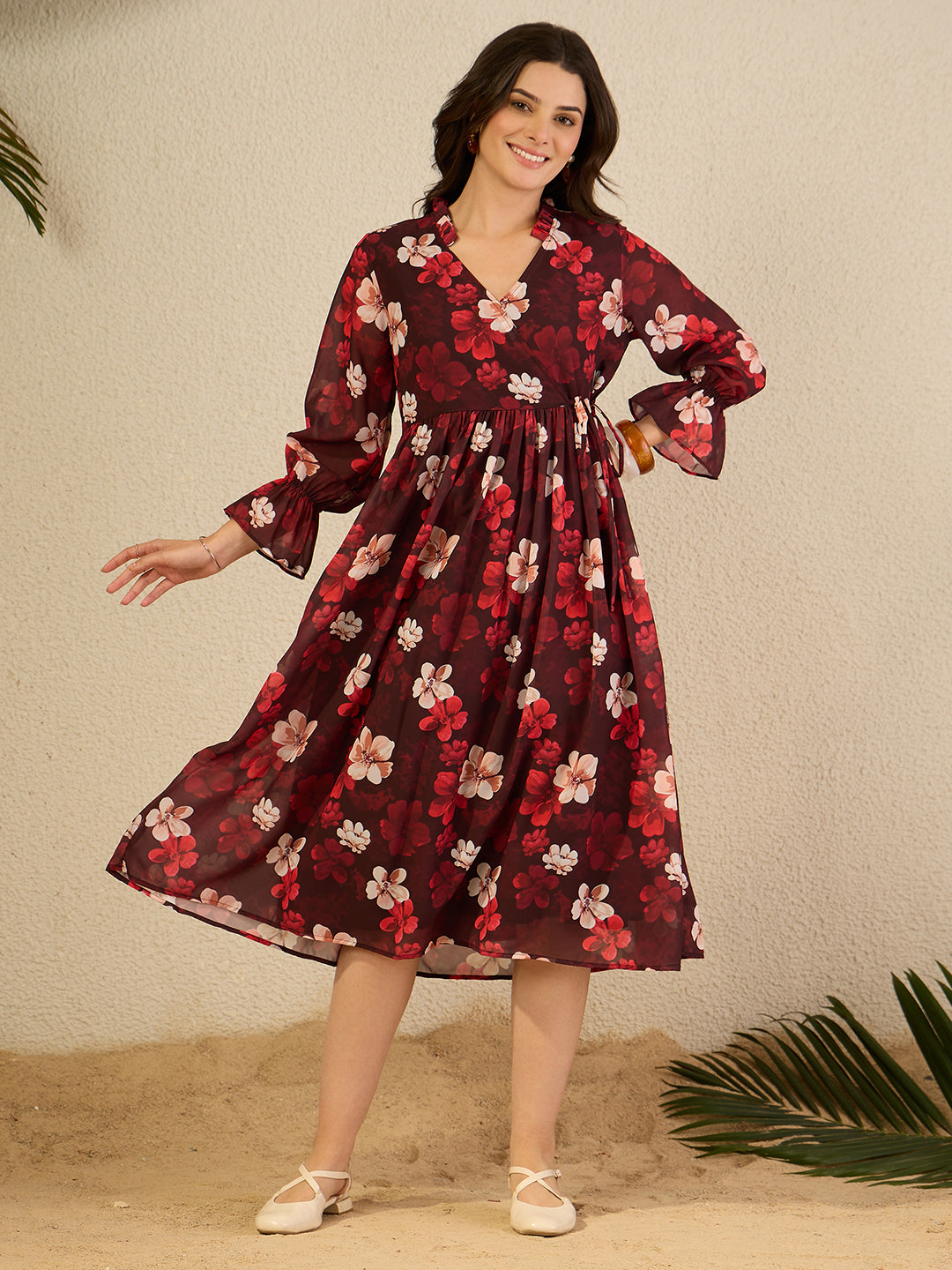 Janasya Women's Brown Georgette Floral Printed Wrap Dress