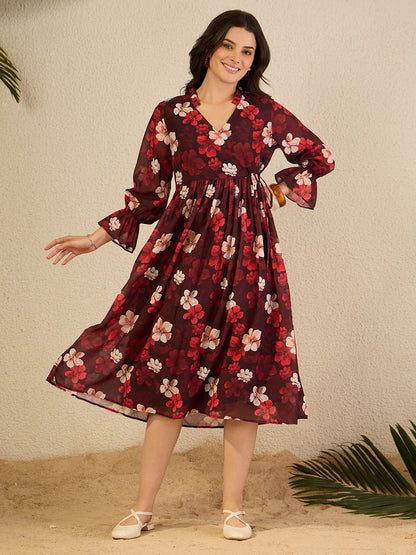 Janasya Women's Brown Georgette Floral Printed Wrap Dress