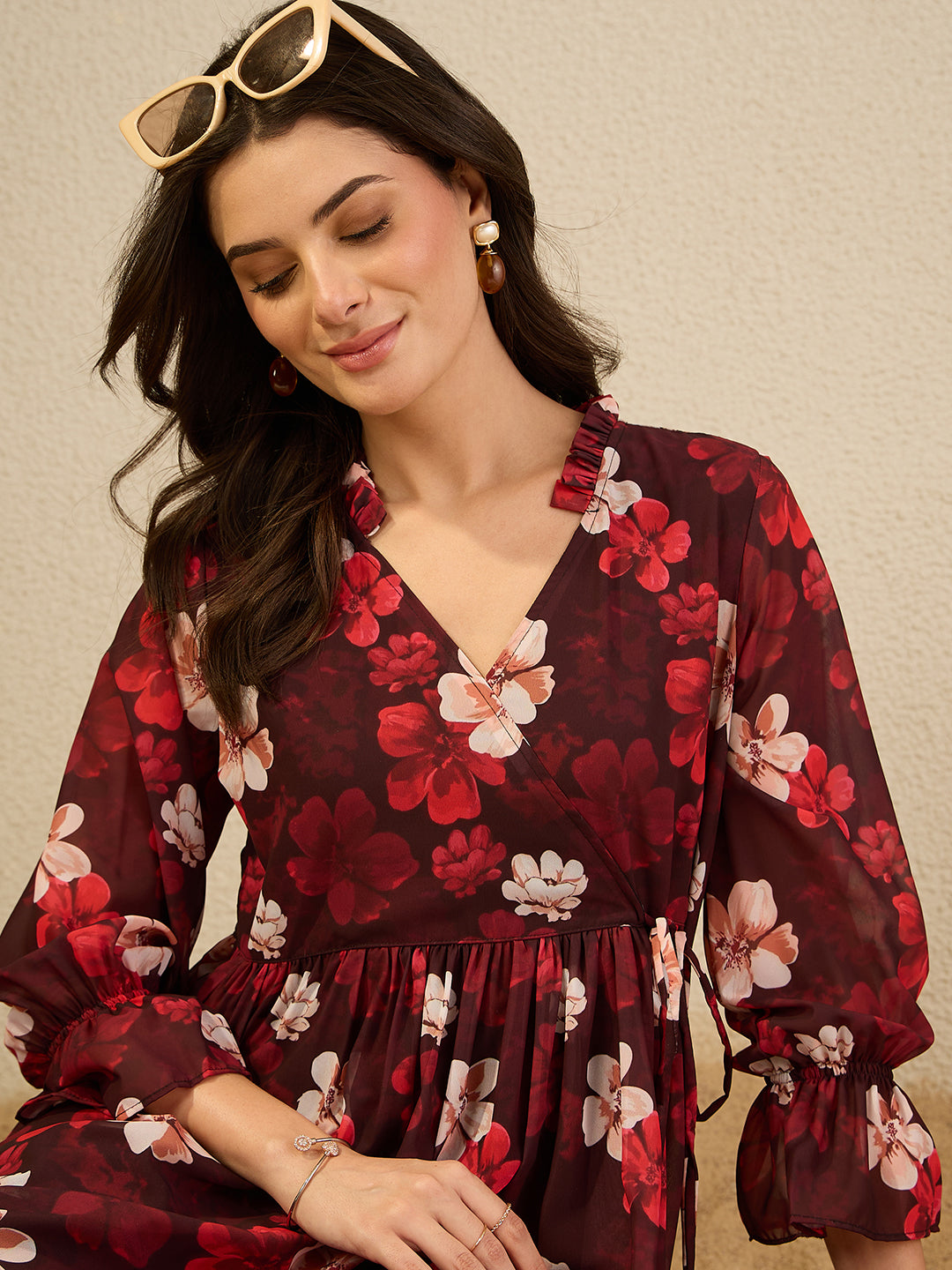 Janasya Women's Brown Georgette Floral Printed Wrap Dress