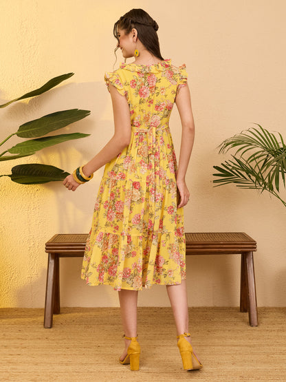 Janasya Women's Yellow Georgette Floral Printed Tiered Dress