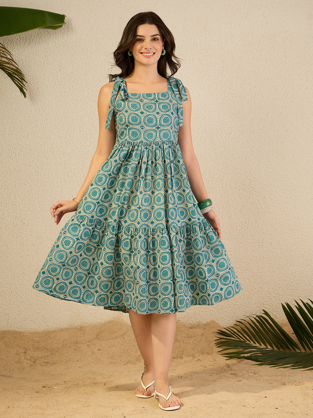 Janasya Women's Teal Blue Pure Cotton Geometric Printed Gathered Dress