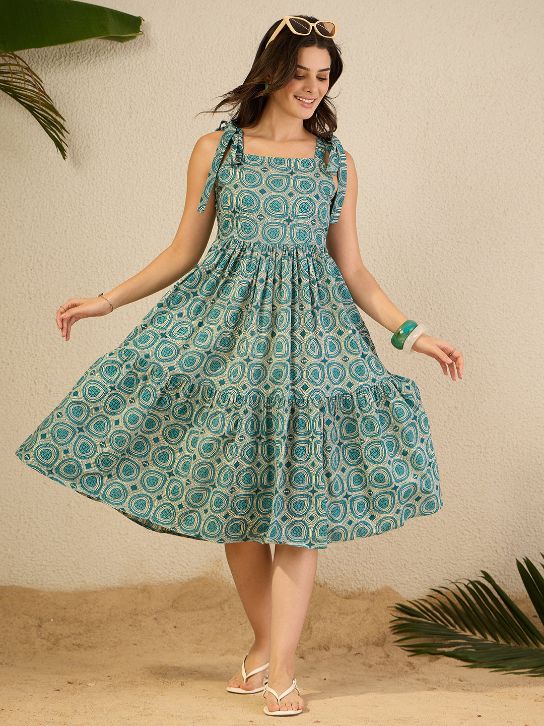 Janasya Women's Teal Blue Pure Cotton Geometric Printed Gathered Dress