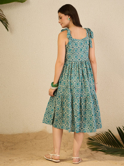 Janasya Women's Teal Blue Pure Cotton Geometric Printed Gathered Dress
