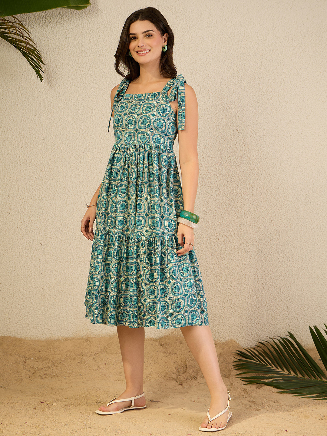 Janasya Women's Teal Blue Pure Cotton Geometric Printed Gathered Dress