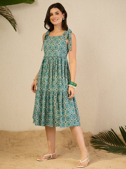 Janasya Women's Teal Blue Pure Cotton Geometric Printed Gathered Dress