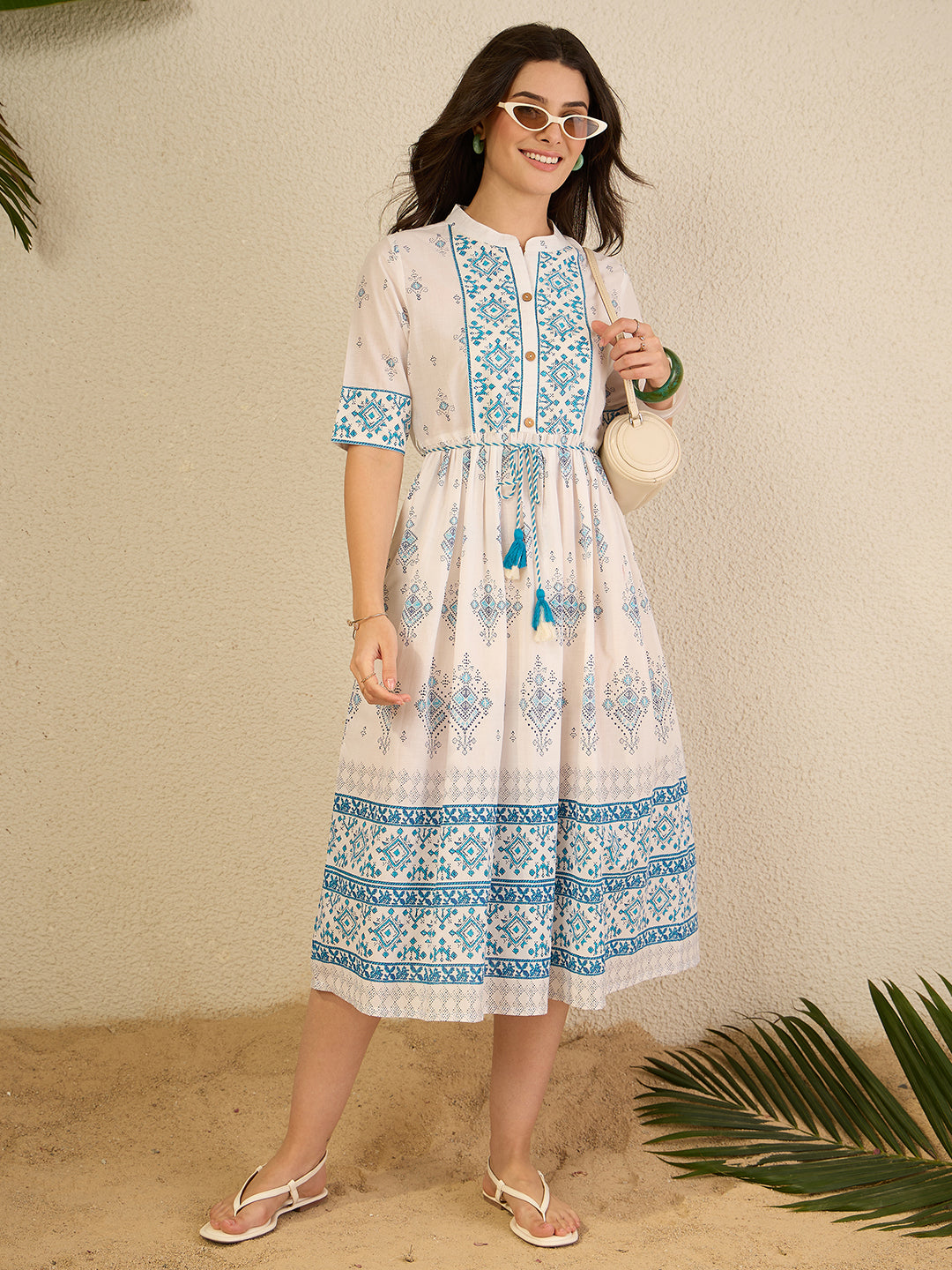 Janasya Women's White Pure Cotton Geometric Printed Fit & Flare Dress
