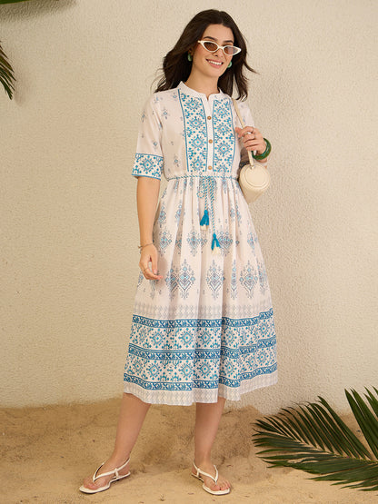 Janasya Women's White Pure Cotton Geometric Printed Fit & Flare Dress