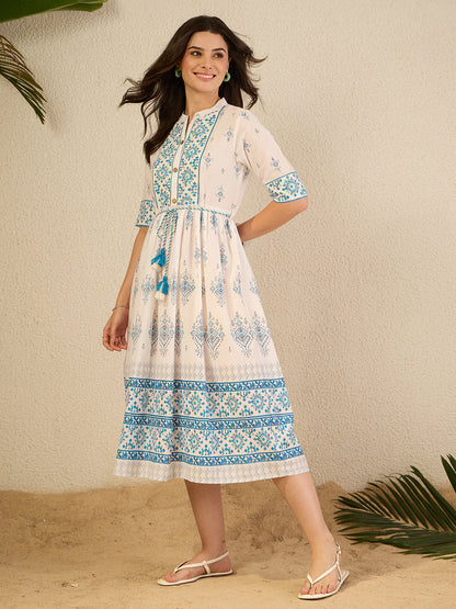 Janasya Women's White Pure Cotton Geometric Printed Fit & Flare Dress