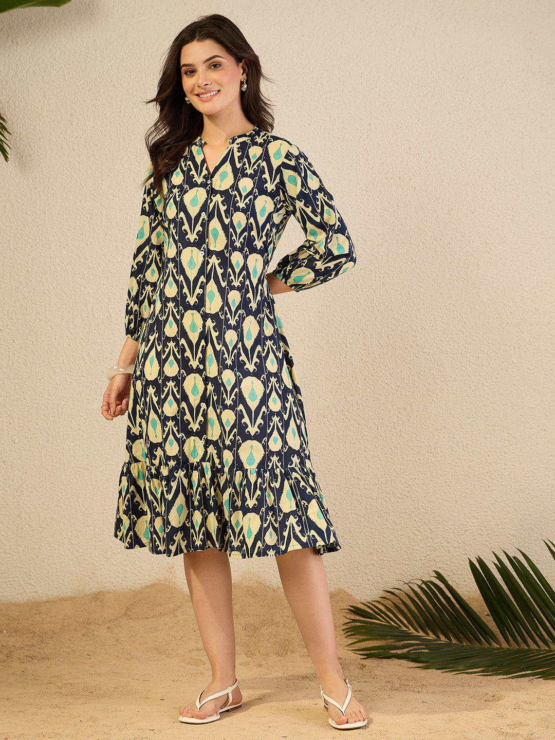 Janasya Women's Navy Blue Pure Cotton Ikkat Printed A-Line Dress