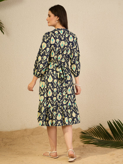 Janasya Women's Navy Blue Pure Cotton Ikkat Printed A-Line Dress