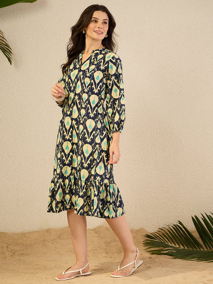 Janasya Women's Navy Blue Pure Cotton Ikkat Printed A-Line Dress