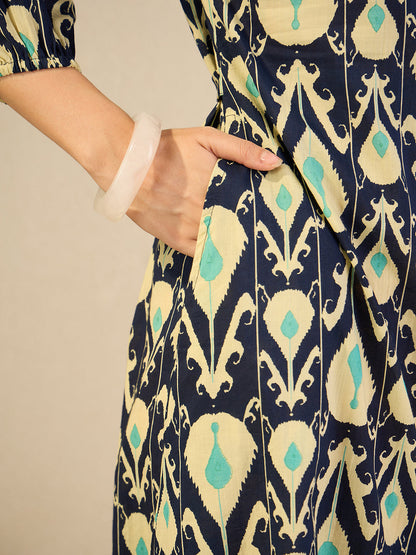 Janasya Women's Navy Blue Pure Cotton Ikkat Printed A-Line Dress