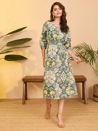 Janasya Women's Sage Green Pure Cotton Floral Printed Fit & Flare Dress