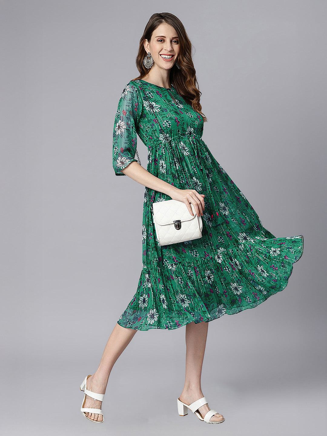 Janasya Women's Green Chiffon Lurex Floral Printed Fit & Flare Dress