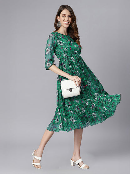 Janasya Women's Green Chiffon Lurex Floral Printed Fit & Flare Dress
