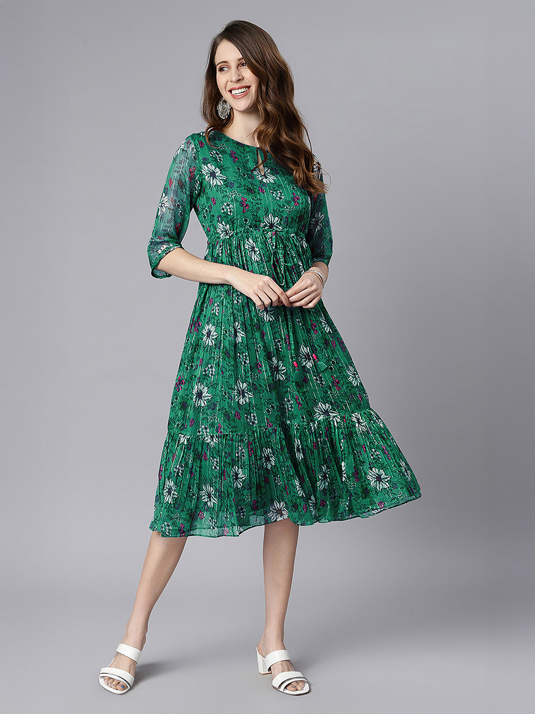Janasya Women's Green Chiffon Lurex Floral Printed Fit & Flare Dress