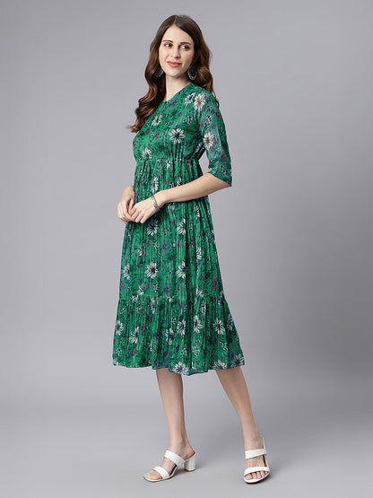 Janasya Women's Green Chiffon Lurex Floral Printed Fit & Flare Dress