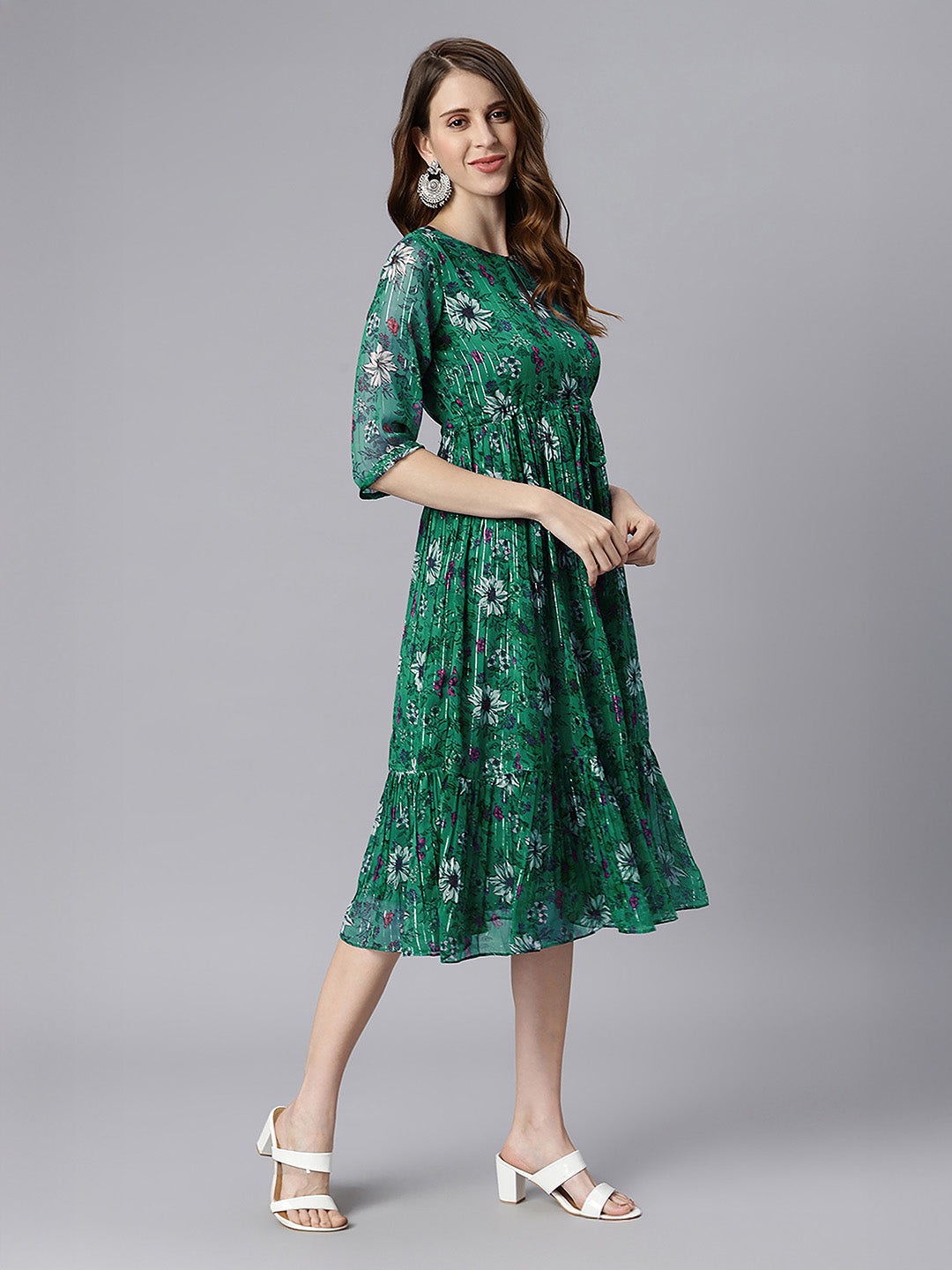 Janasya Women's Green Chiffon Lurex Floral Printed Fit & Flare Dress