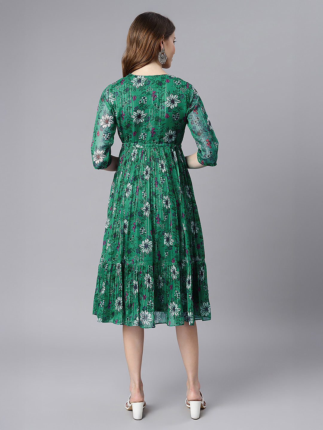 Janasya Women's Green Chiffon Lurex Floral Printed Fit & Flare Dress