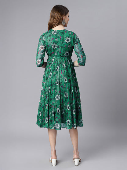 Janasya Women's Green Chiffon Lurex Floral Printed Fit & Flare Dress
