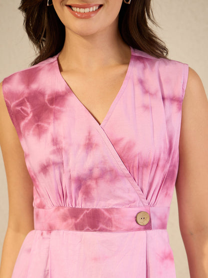 Janasya Women's Lavender Pure Cotton Tie & dye Printed Wrap Style A-Line Dress