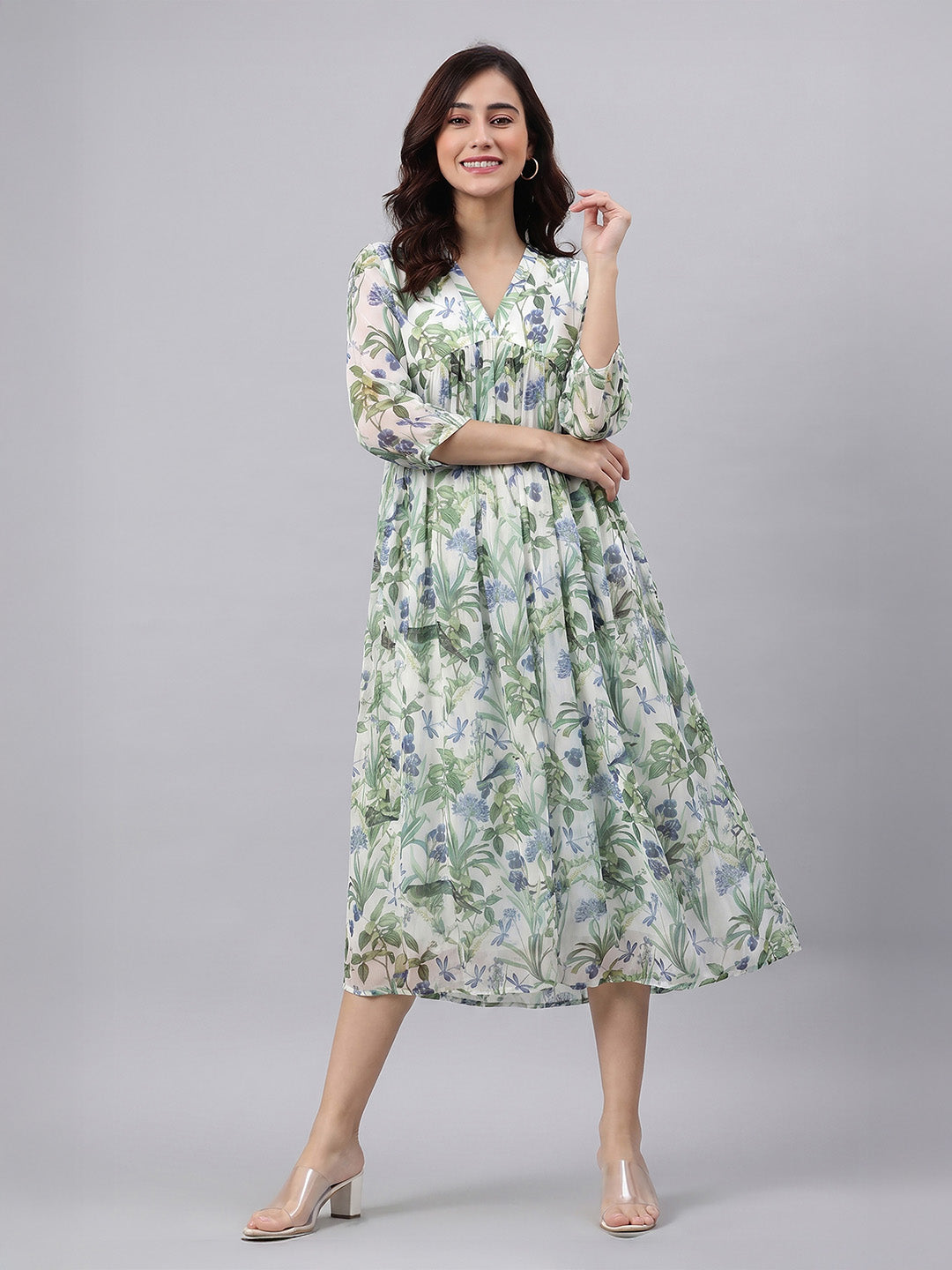 Janasya Women's Off White Chiffon Leaf Printed A-Line Dress