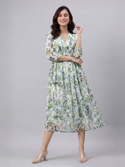 Janasya Women's Off White Chiffon Leaf Printed A-Line Dress